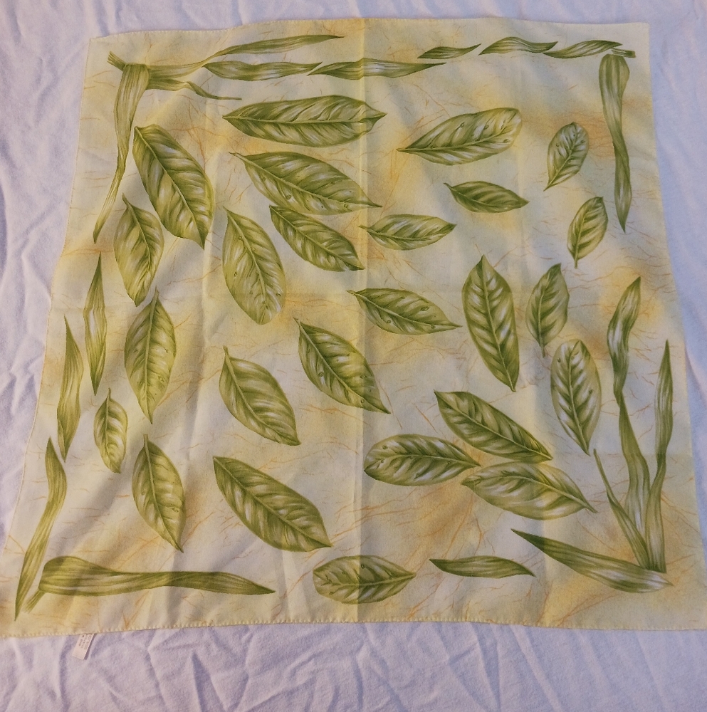 Vintage Italian Small Square Scarf, Yellow With Green Leaves Print